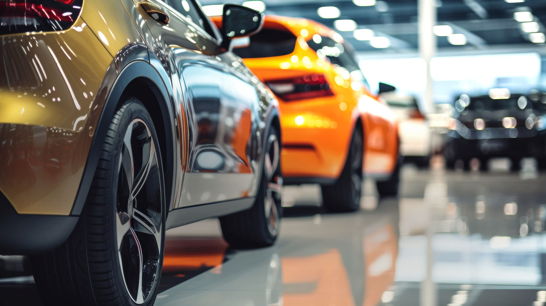 227052379 a vibrant lineup of sports cars with a focus on a red car s front the blurred background shows